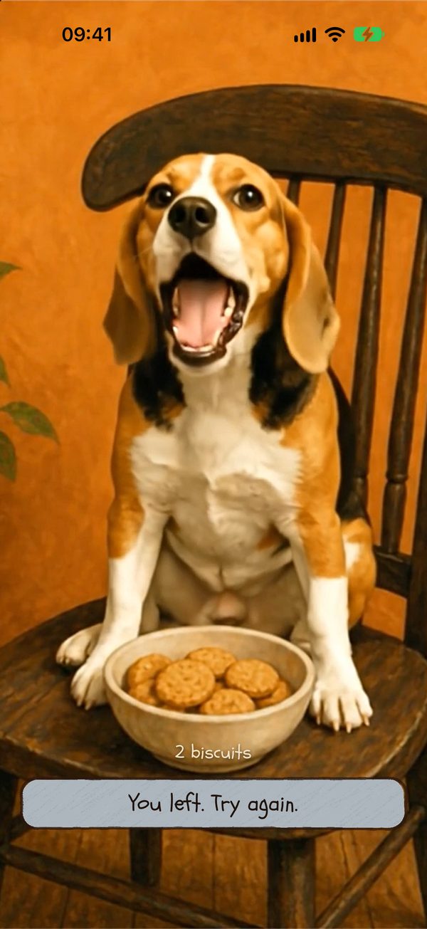 Der Beagle bellt mit weit geöffnetem Maul, nachdem du die App verlassen hast, dazu der englische Text You left. Try again.
