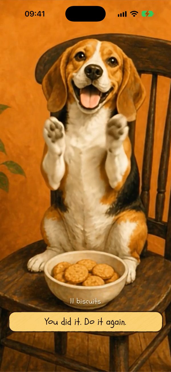 Eine abgeschlossene Session: Der Beagle klatscht