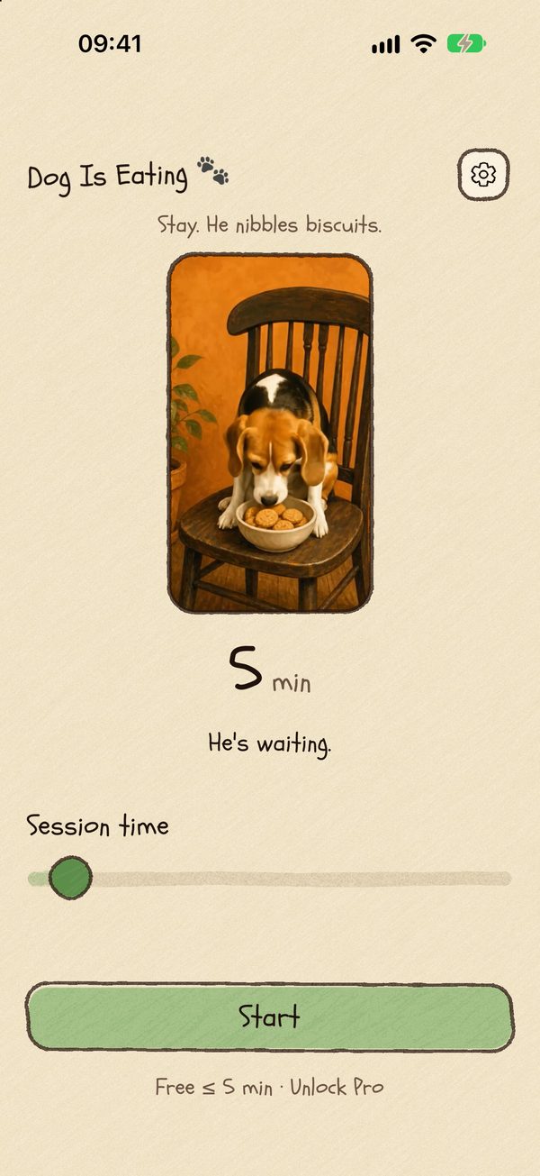 Startbildschirm von Dog Is Eating mit dem Beagle, der Sessionlänge 5 Minuten und einem Start-Button