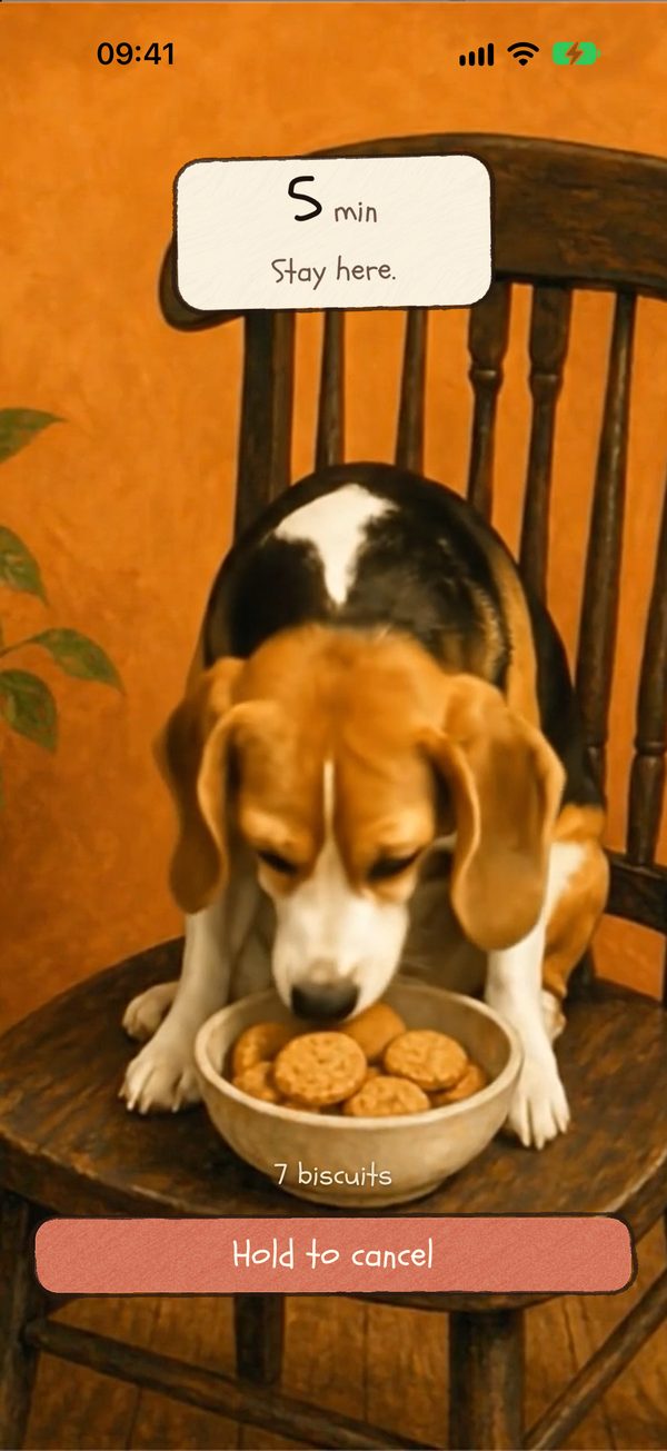 Eine laufende Session: Der Beagle frisst Hundekekse, der Bildschirm zeigt die verbleibenden Minuten und 7 Hundekekse